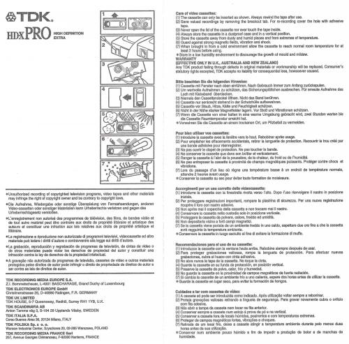 TDK VHS HD-X PRO 120 MIN Tape insert back